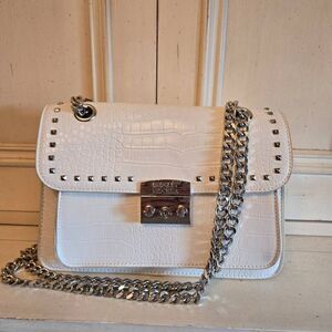 Badgley Mischka White Croc Studded Cross Body Shoulder Bag Purse